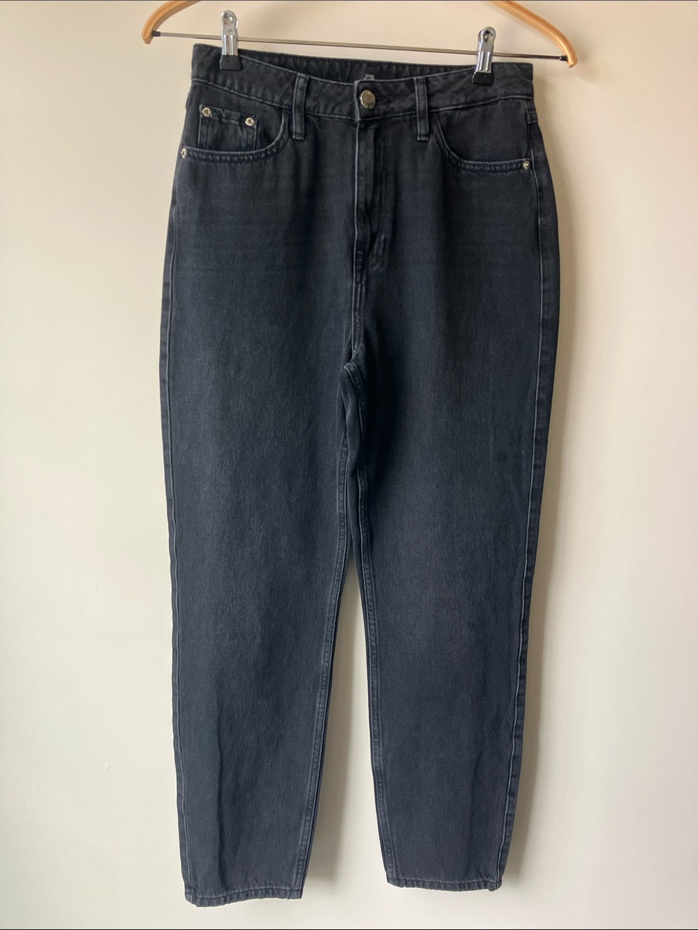 RIVER ISLAND Black Barrel Leg Denim Jeans Branded Silver Tone Button Size 10
